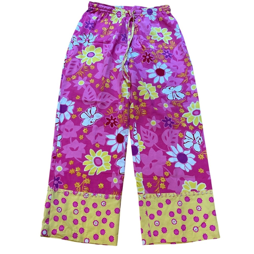 Bamboo‎ Traders Silk Wide Leg Pants Women Pink Yellow Floral Sequin Good SIZE S